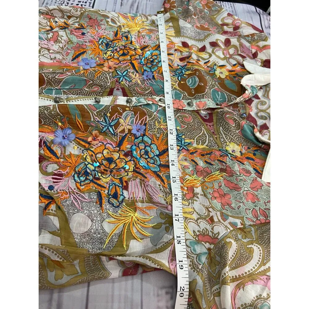 Cyrena Embroidered Button Front Shirt Womens S Floral Beaded Sequin Boho Hi Low - Image 7