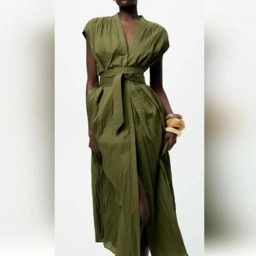 ZARA ZW COLLECTION GREEN BELTED WRINKLE MIDI TO MAXI DRESS XS $189 - Image 3
