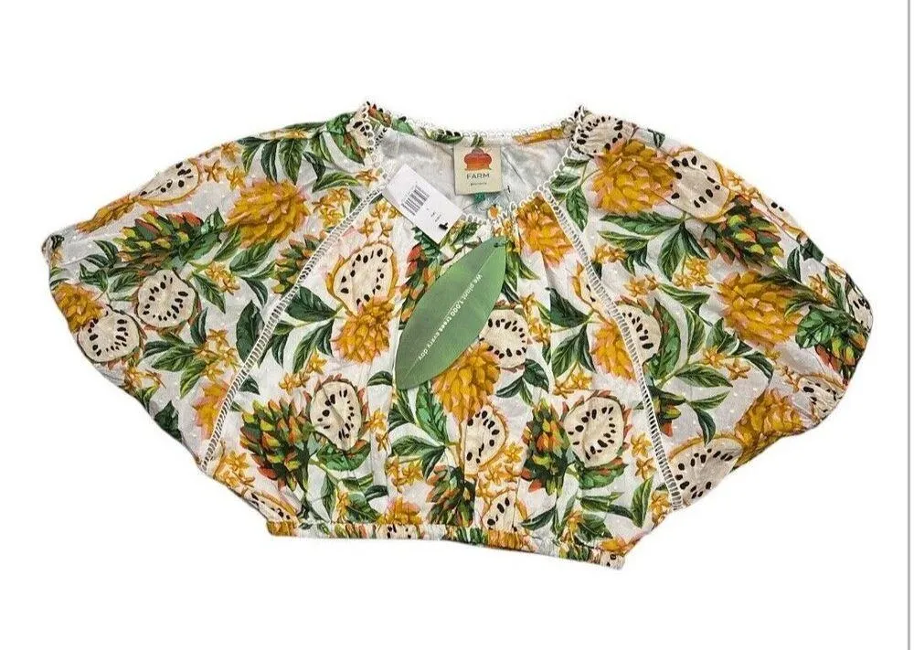 Farm Rio Biriba Fruit Puff-Sleeve Crop Top in Off White Size Small New $140 - Image 3