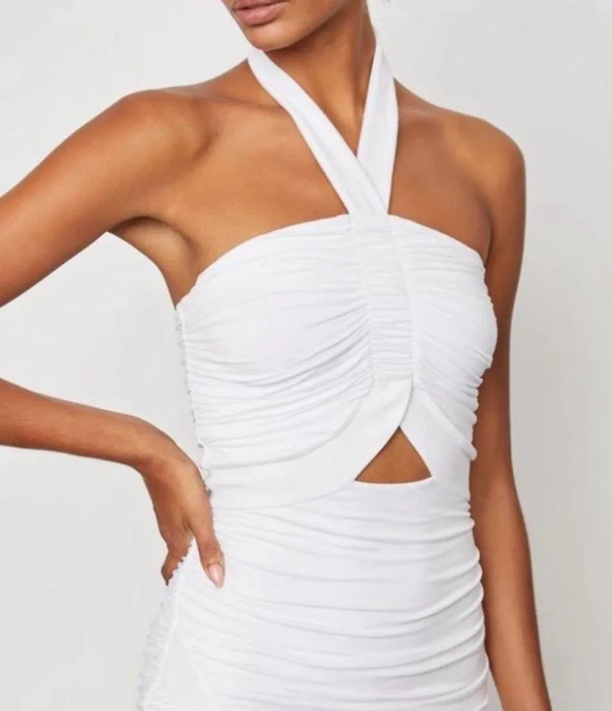 Bailey 44 Maive Halterneck Ruched Bodycon Stretch Midi Dress in White Size Large - Image 3