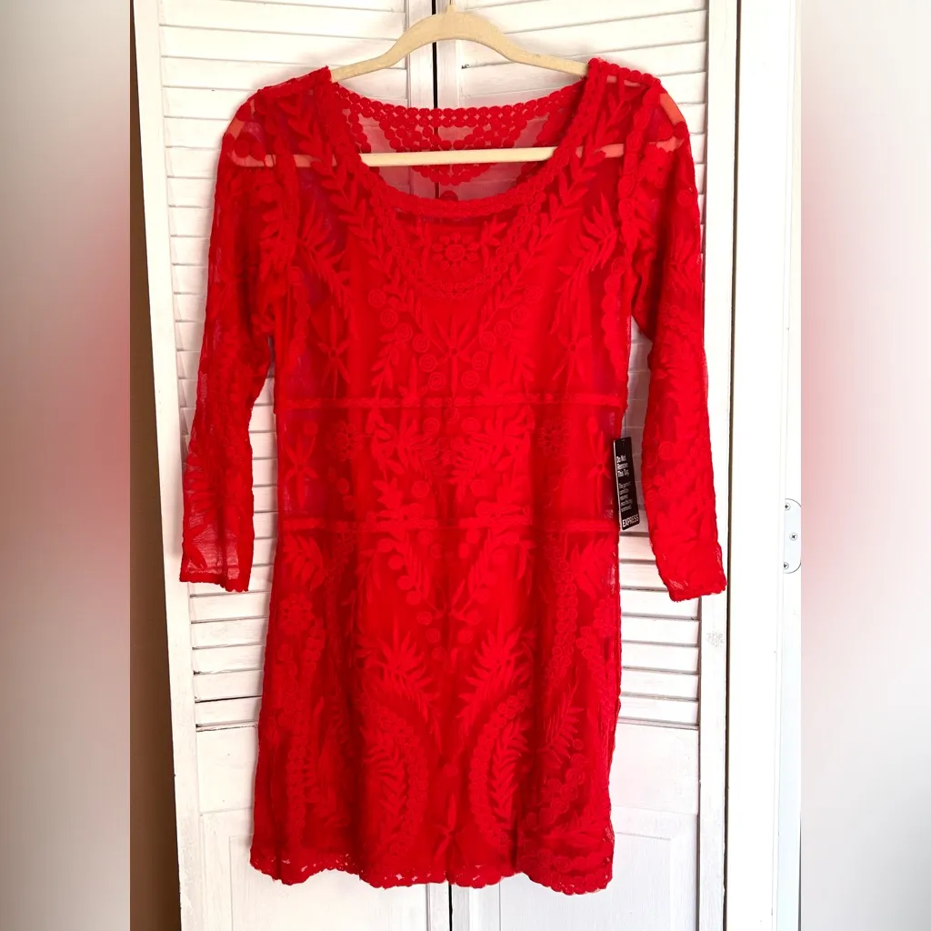 EXPRESS size XS Cherry Red Long Sleeve Crochet Lace Mini Dress NWT - Image 5