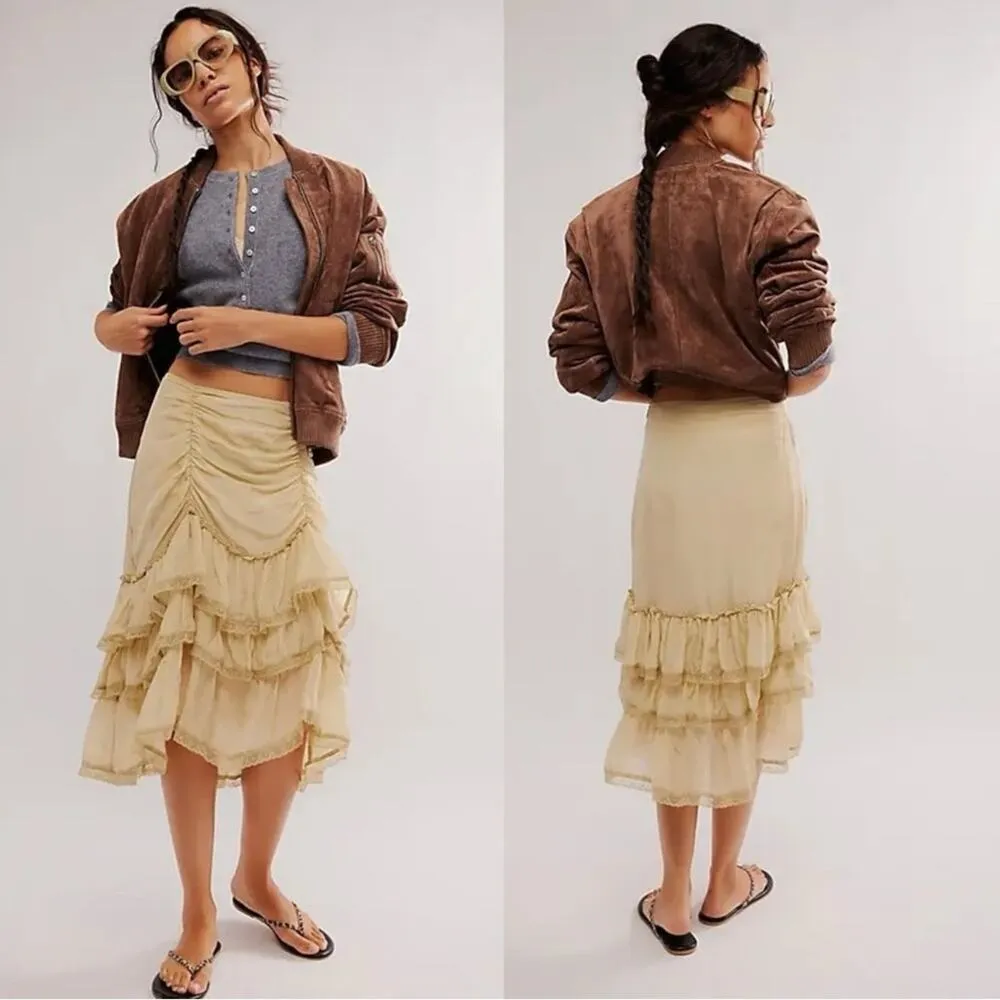 Free People Calliope Ruffle Midi Skirt Sage Medium NWT Ethereal Western Bohemian - Image 3