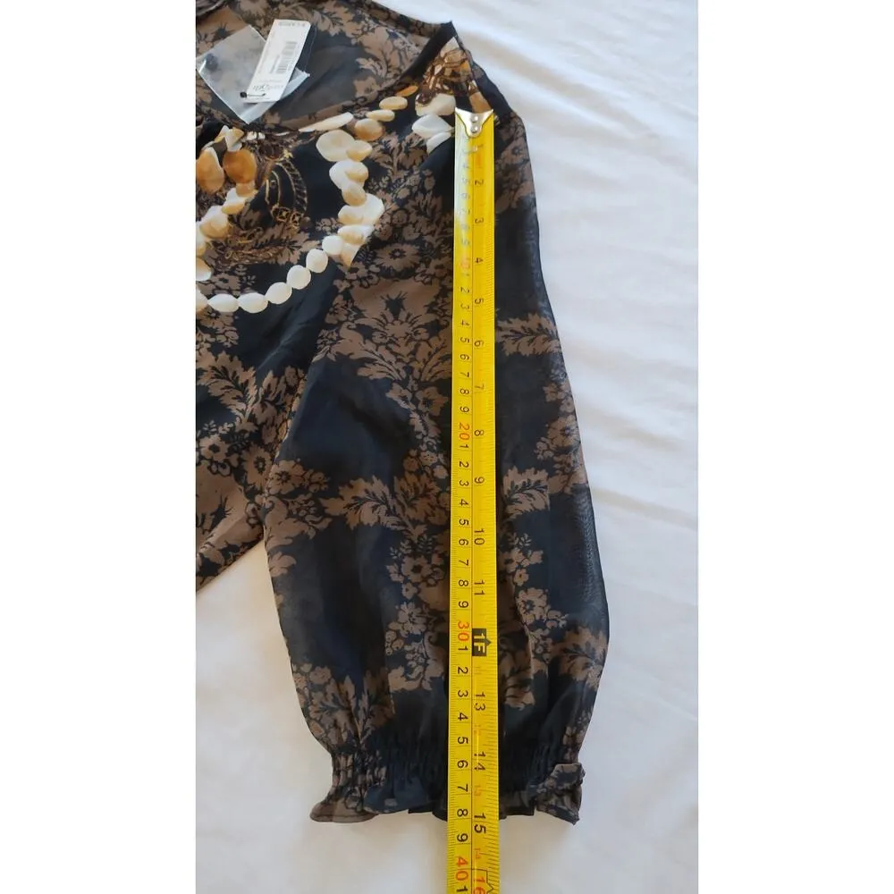 Blouse 5th Avenue Black Gold Print 3/4 Sleeve Semi Sheer w Black Cami Tank XL - Image 9