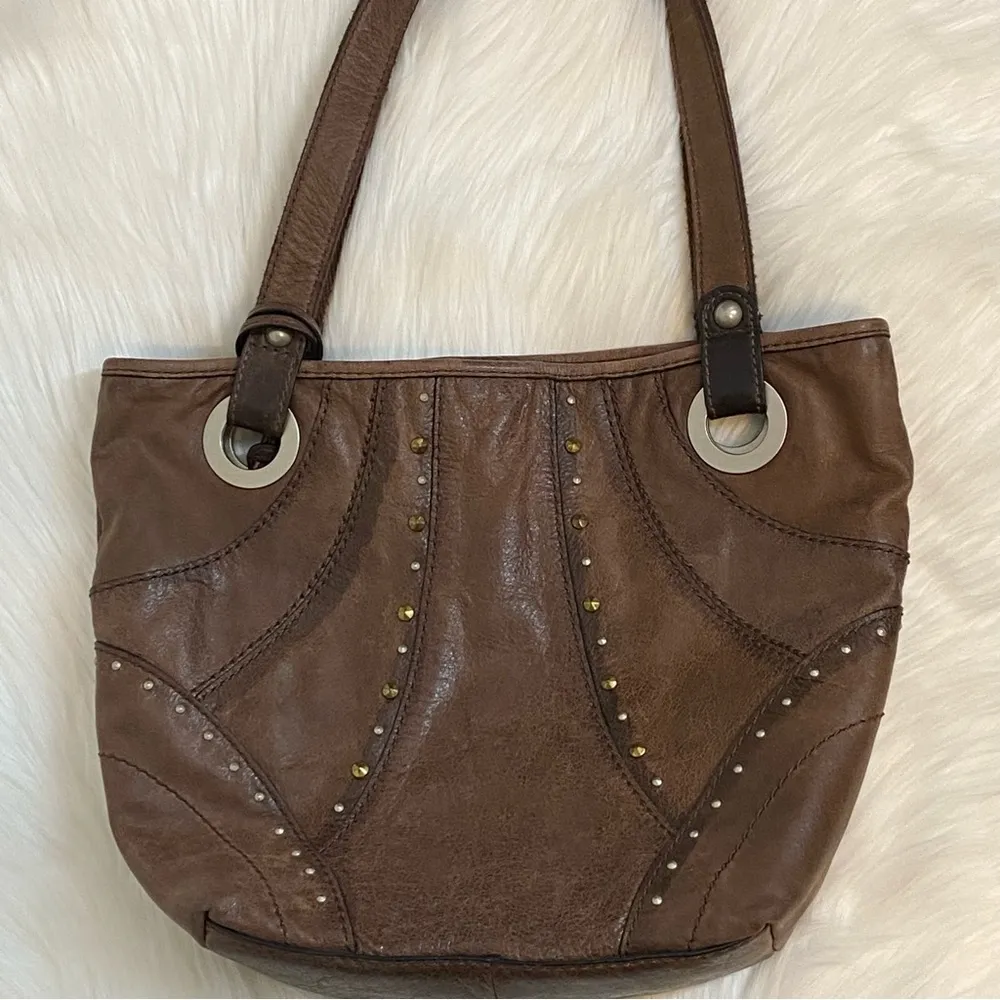 Fossil Brown Leather Shoulder Purse Rhinestones - Image 9