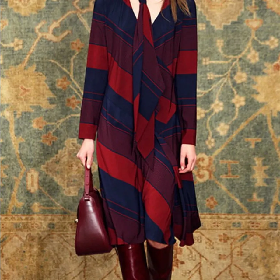 Tory Burch Lyon Navy/Burgundy Stripe Runway Long Sleeve Faux Wrap Dress Sz. 0 - Image 2