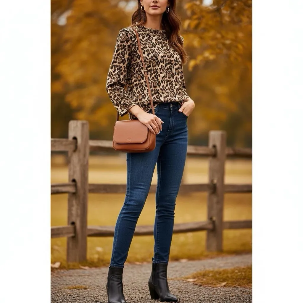 Hayden  Brown Leopard Print Ruffle High Neck Pullover Blouse Sweater Size Large - Image 2