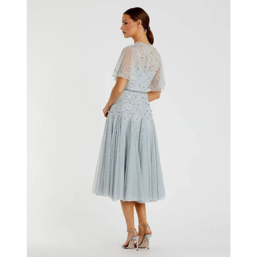 Mac Duggal Cape Sleeve Beaded Tea Length A-line Dress Regular price$598 size 18 - Image 2