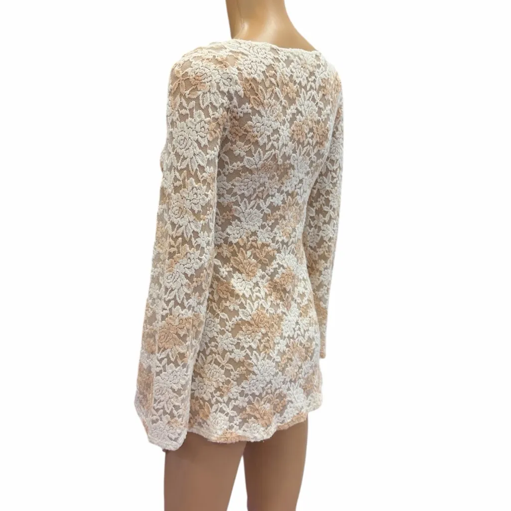 T Party Floral Lace Sheer Long Sleeve Tunic Top Womens Small - Image 6