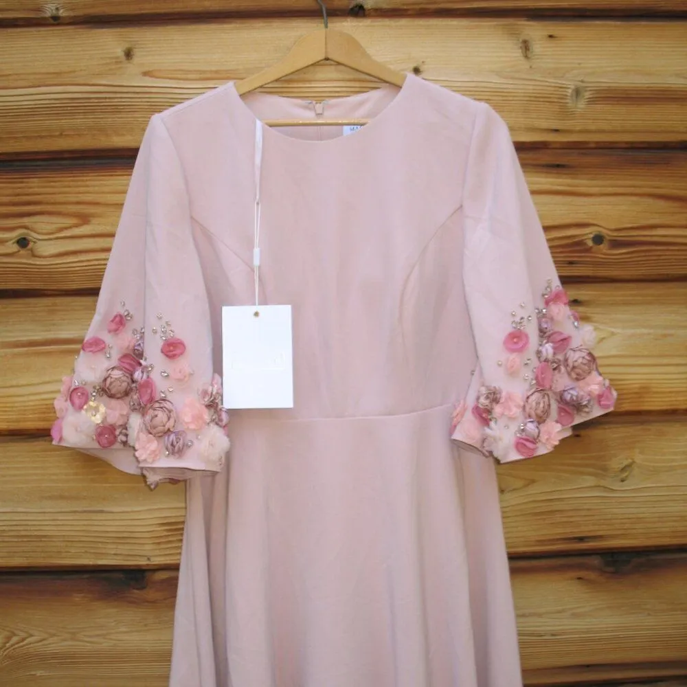 MAC DUGGAL 11854 Pink Crepe 3/4 Sleeve A-line Gown With Flower Trim - Image 8