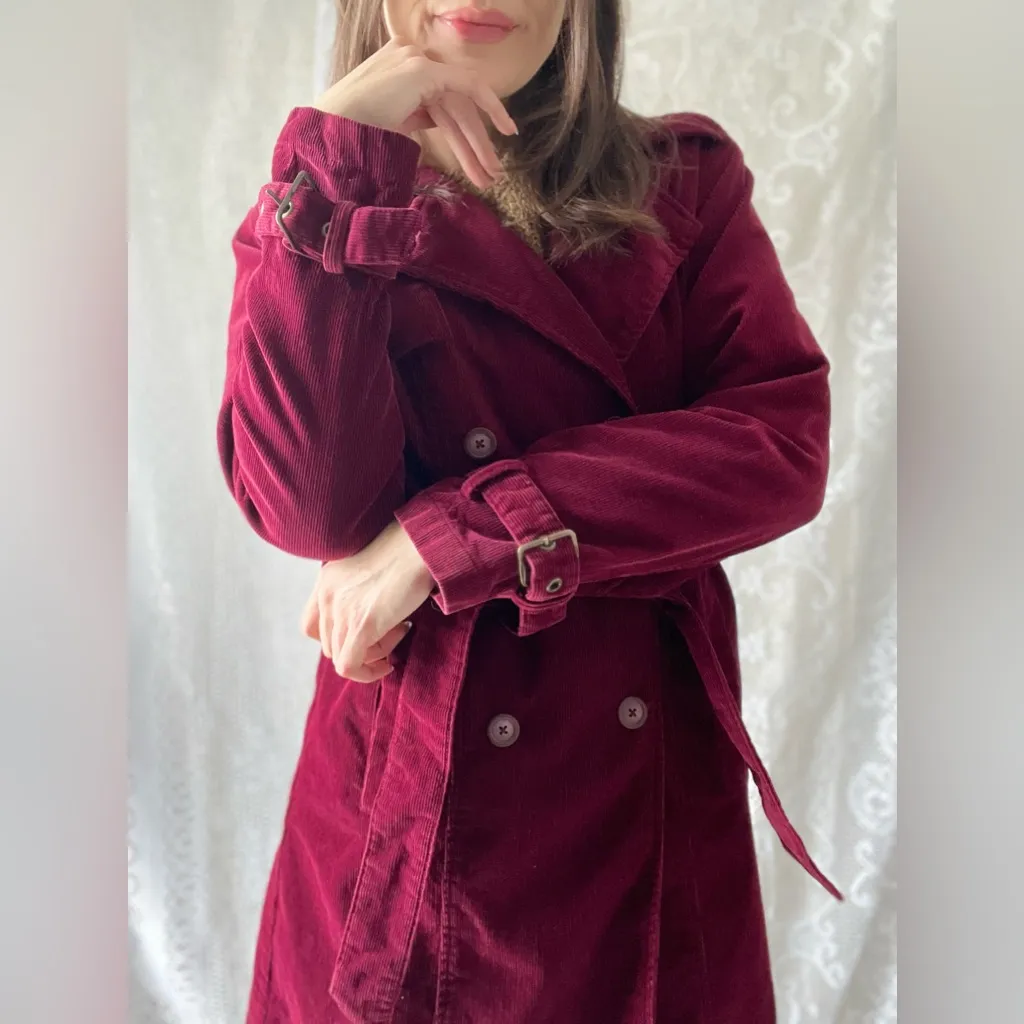 Vintage Burgundy Corduroy Trench Coat Kathy Ireland Belted Double Breasted - Image 5
