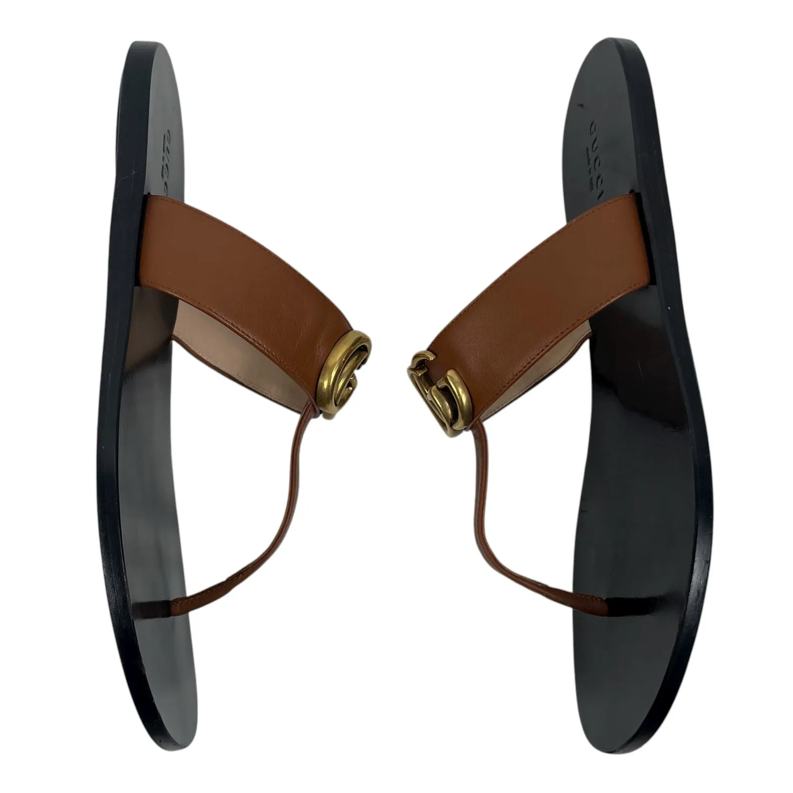 Gucci Leather Thong Sandals Gold Double G Logo Orange Brown Size 37 - Image 5