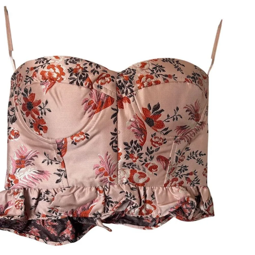 Endless Rose Women's XS Pink Floral Ruffle Crop Top Tank Sleeveless - Image 2