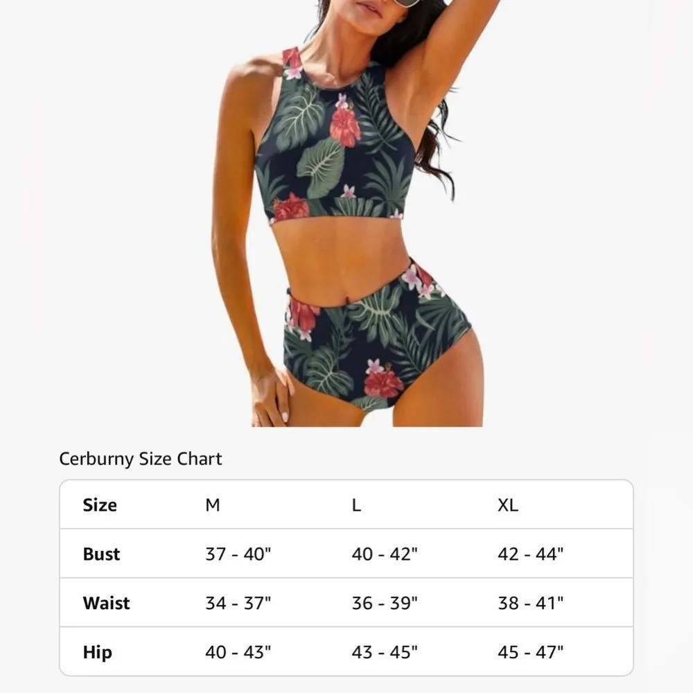 Cerburny High Waisted Bikini Women’s 2 Piece Swimsuit Racerback Floral XL Black - Image 8