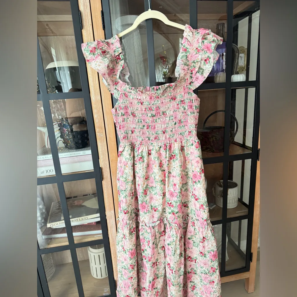 Smocked floral Nap dress midi embroidered tiered ruffle flutter hill house - Image 5