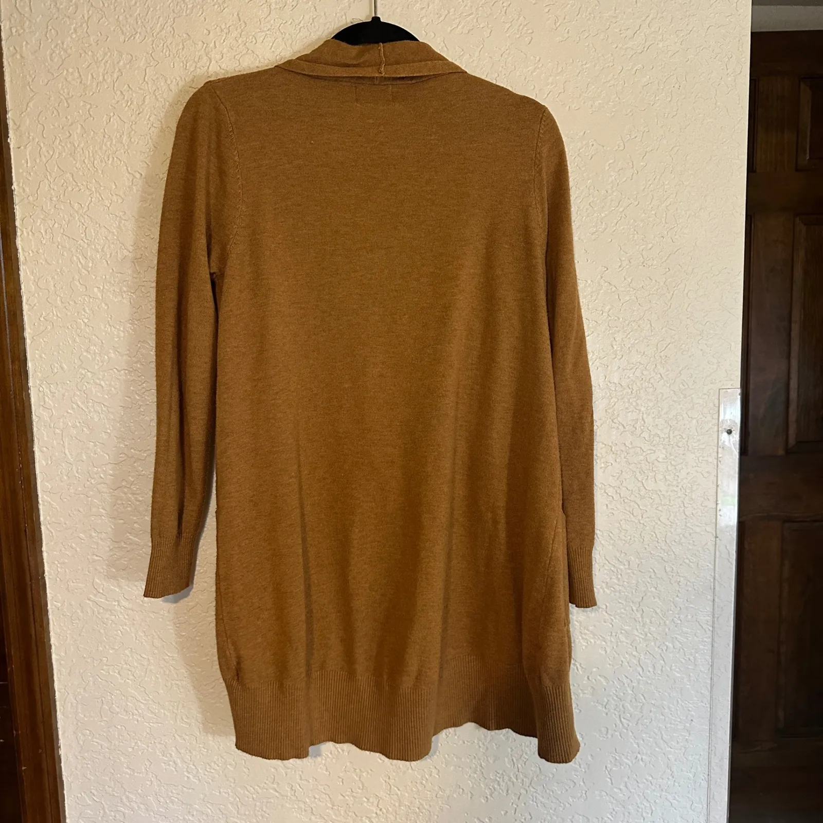 Dreamers Long Open Front Cardigan Sweater M/L Camel Brown Pockets - Image 7
