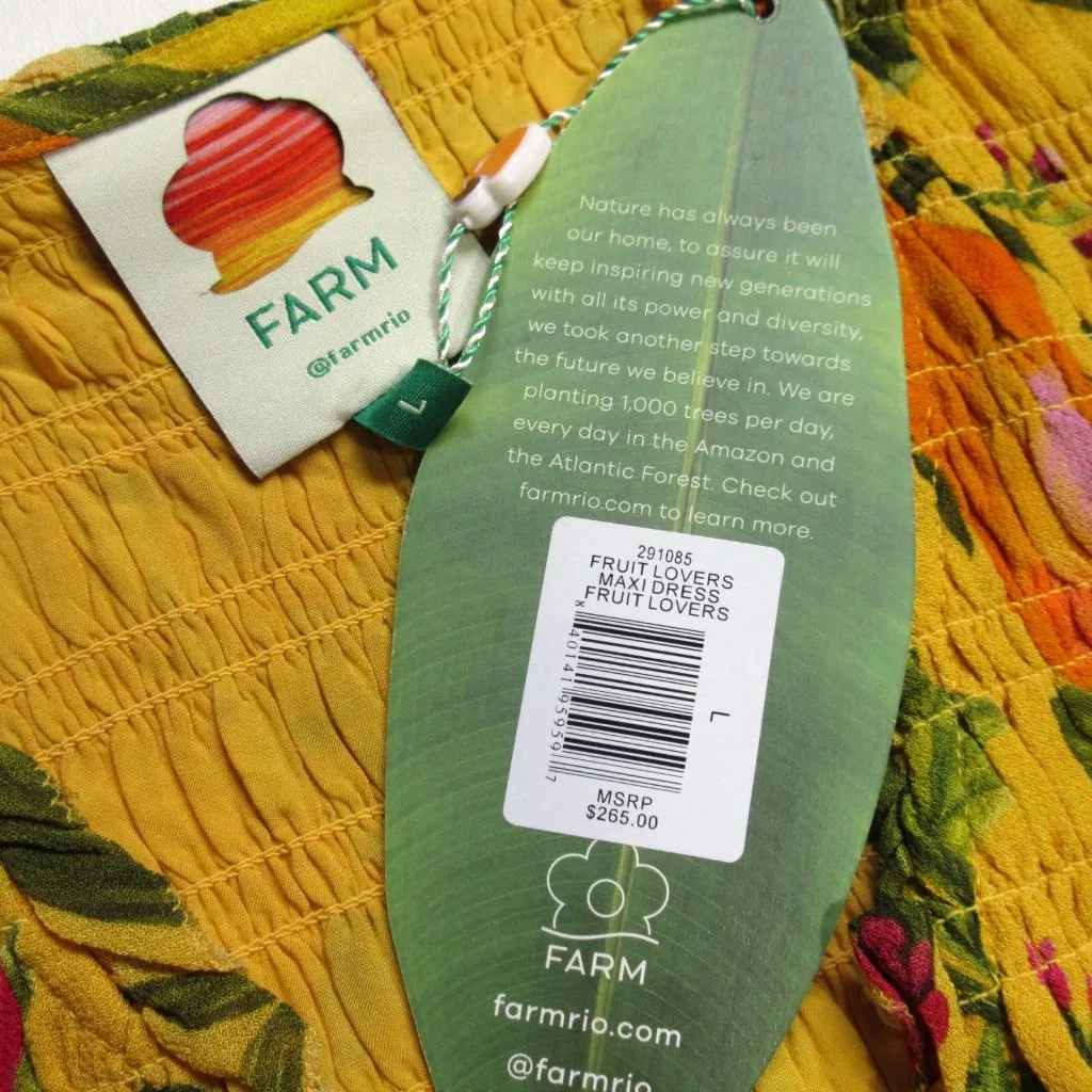 NWT FARM Rio Fruit Lovers Maxi in Yellow Tropical Print Smocked Dress L - Image 7