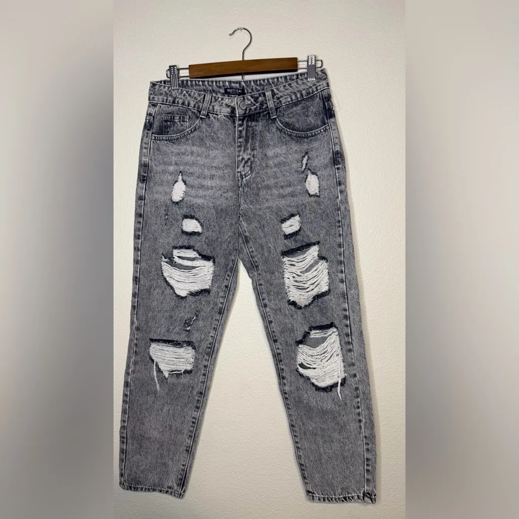 Nasty Gal Women's M 30 Distress Foot Forward Slouch Jeans Grey Cotton - Image 2