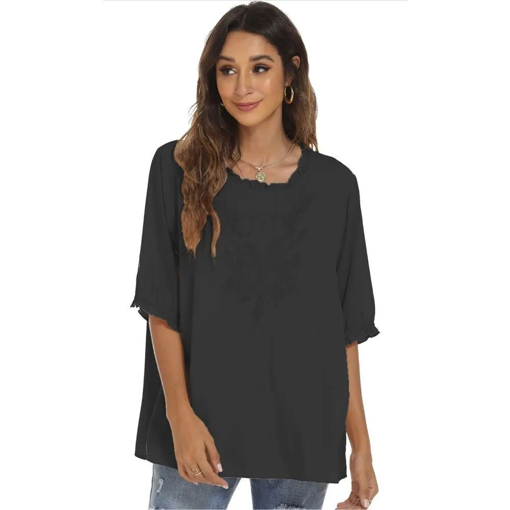 NEW Embroidered Rayon Tops Blouse Casual Embroidery Shirt XL Black - Image 3