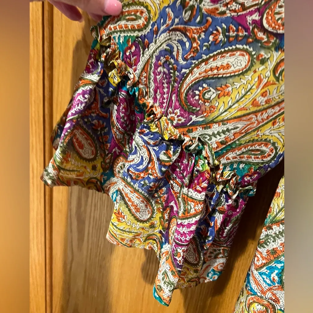 Tolani Silk Ruffled Split V-Neck w/ Ties & 3/4 Flutter Sleeves Paisley Blouse XS - Image 6
