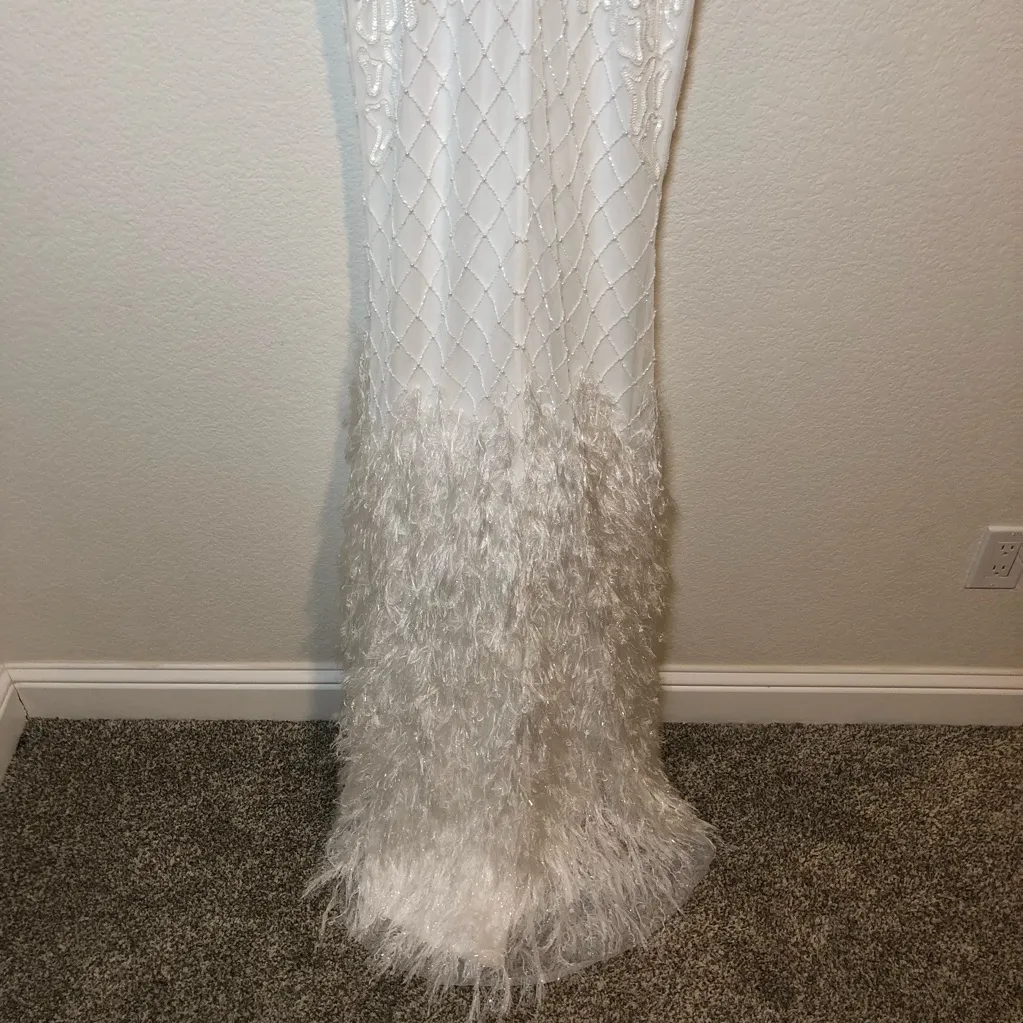 Lulus Glamorous Vow White Beaded Feather Lurex Mermaid Maxi Dress Size S - Image 8