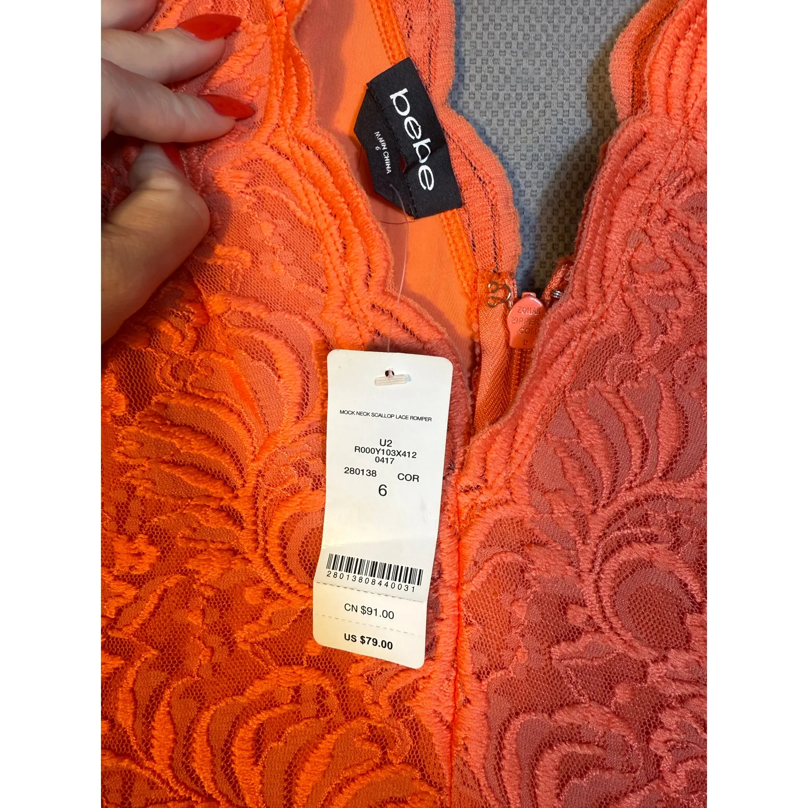 NEW- NWT Bebe Orange Lace Scallop Romper Size 6 - Image 5