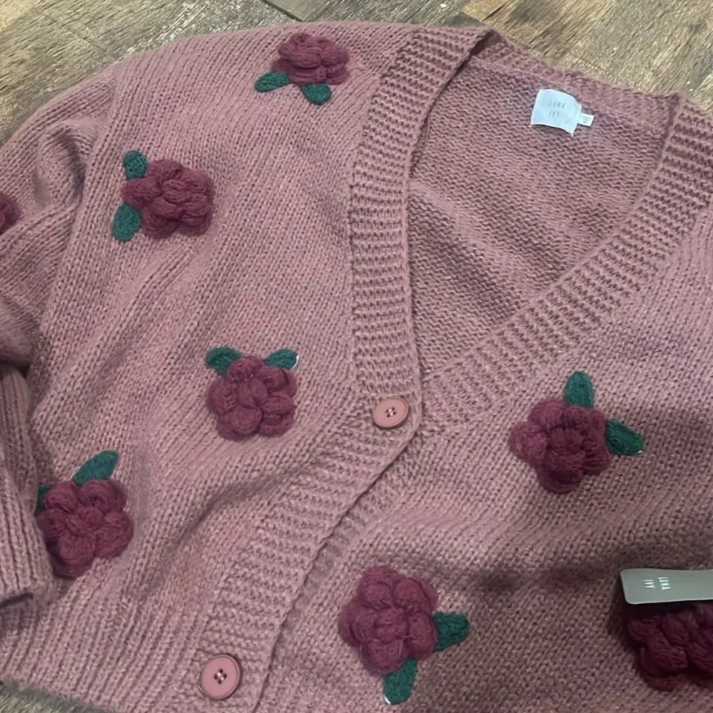 Luna Ivy Pink Open Cardigan Pink with Cherry Details Size M - Image 3