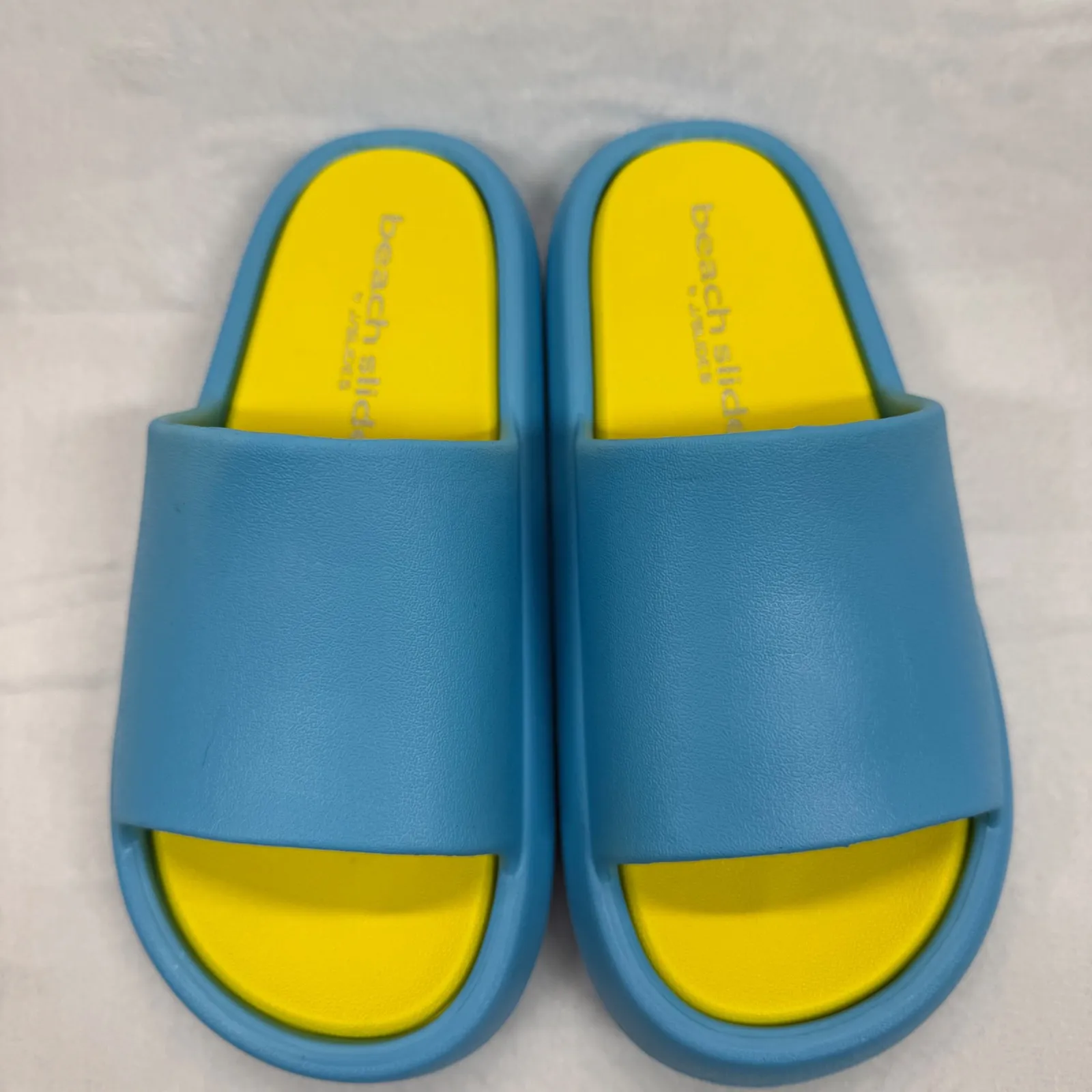 J/Slides‎ Beach Slides Turquoise Yellow EVA Squish Sandals Sz 9M Blue - Image 3