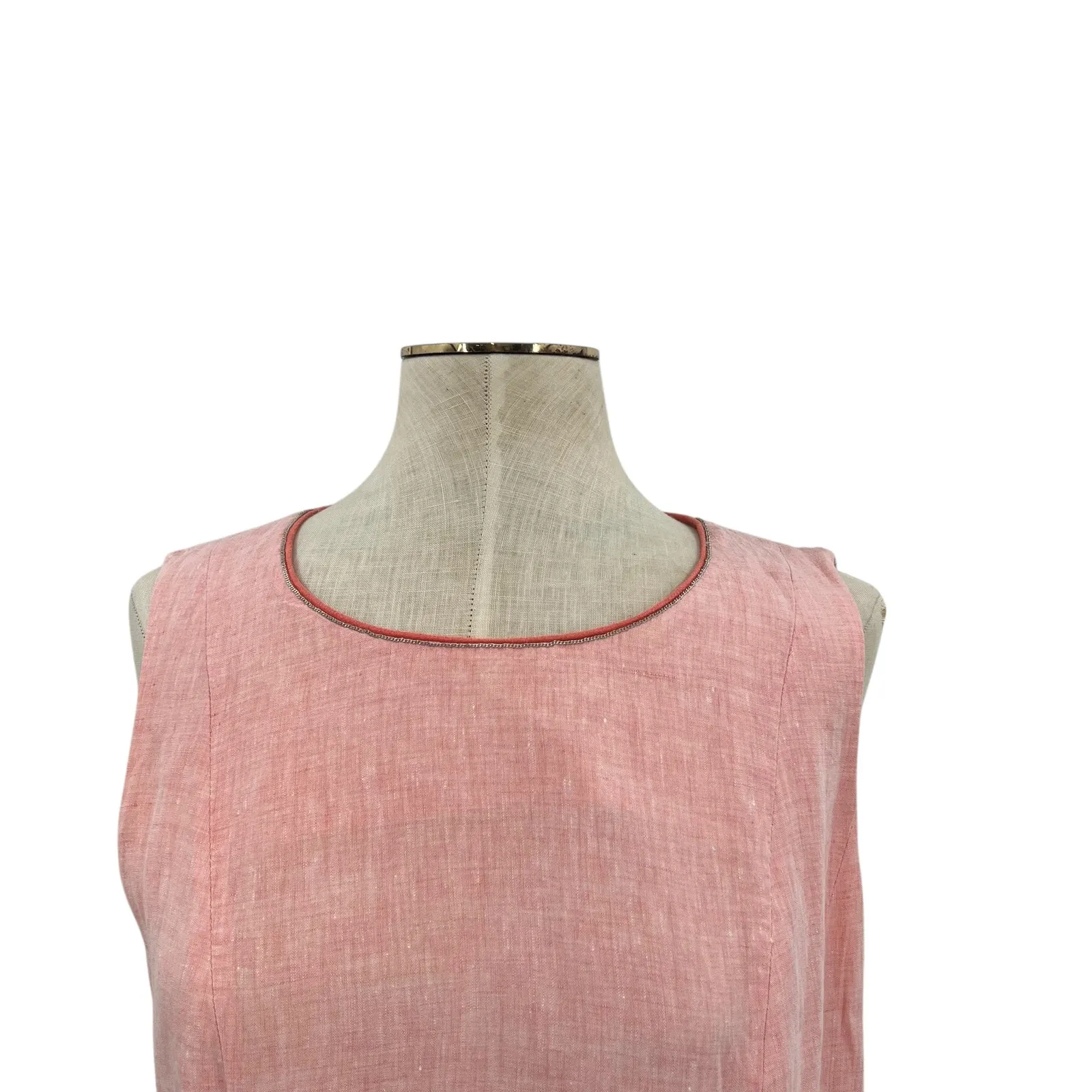 Lafayette 148 New York Pink Linen Midi Dress Sleeveless Embellished Neck Size 8 - Image 2