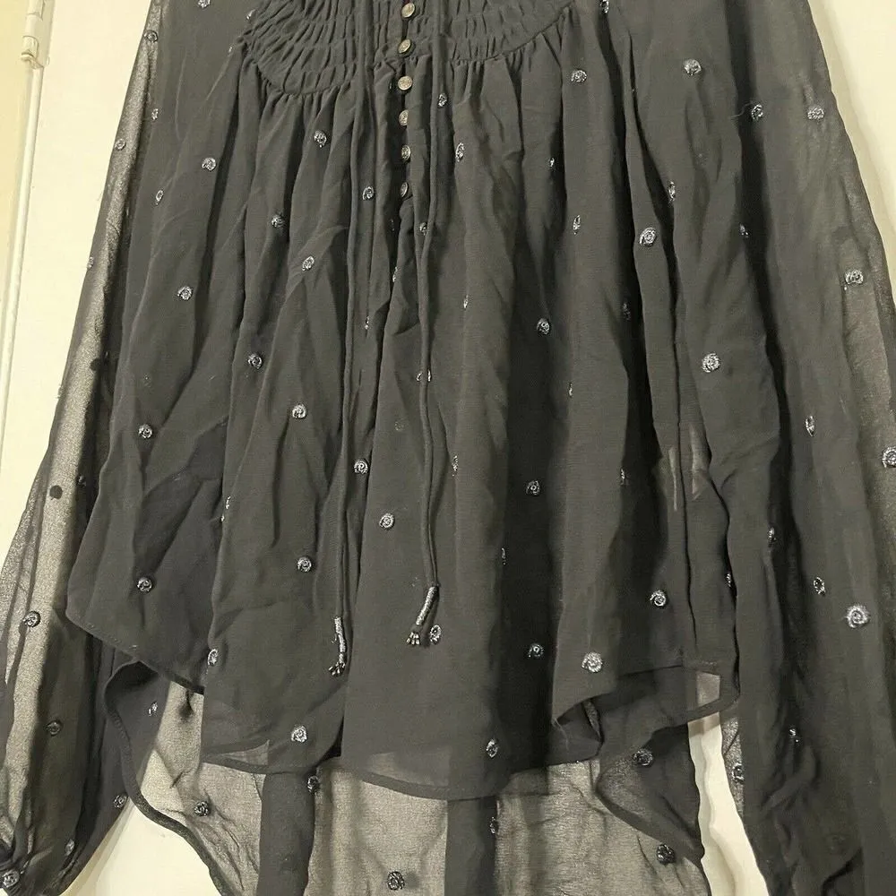 Free People Ready to Run Black Chiffon Boho sheer Long sleeve Top XS - Image 3