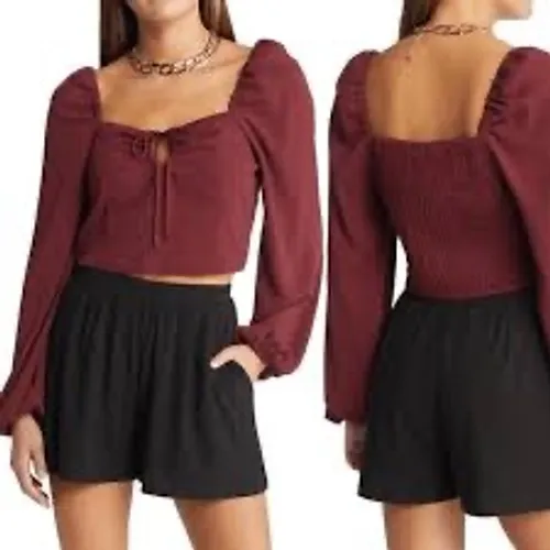 Long Puffed Sleeve Square Neck Ruched Front Crop Top Burgundy Size Medium - Image 2