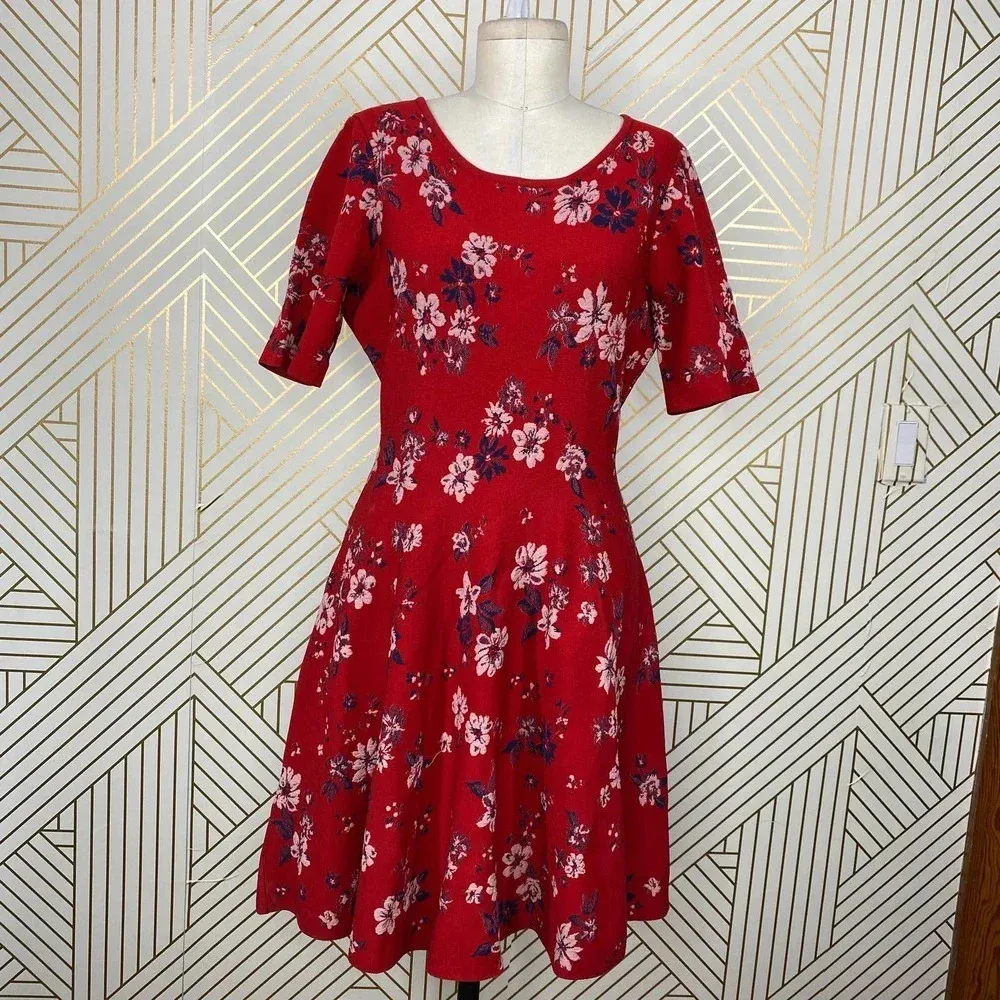 Milly Twilight Fit & Flare Dress Short Sleeve‎ Red Floral Print Size Large - Image 2