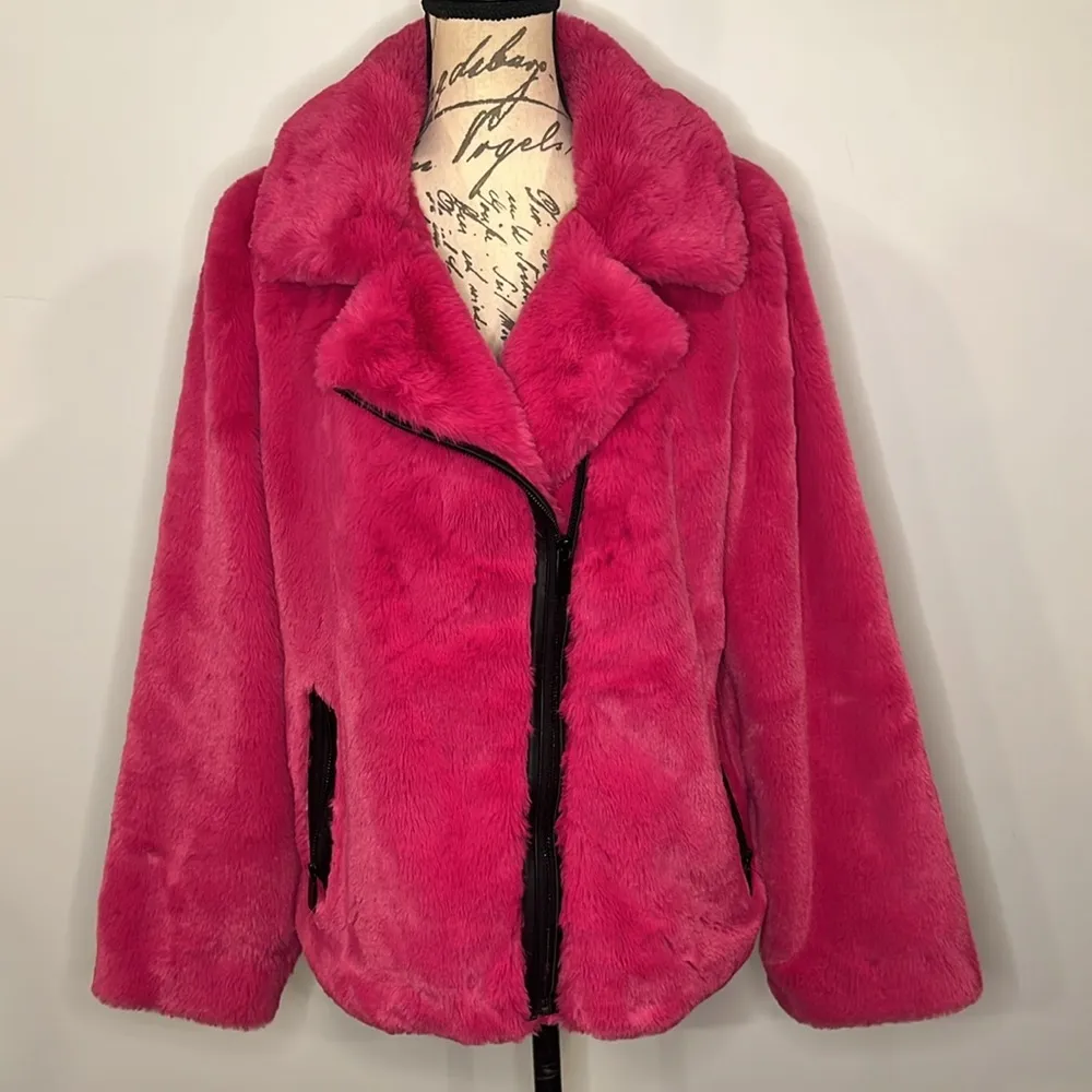 plush faux fur moto asymmetrical jacket fuchsia L - Image 2