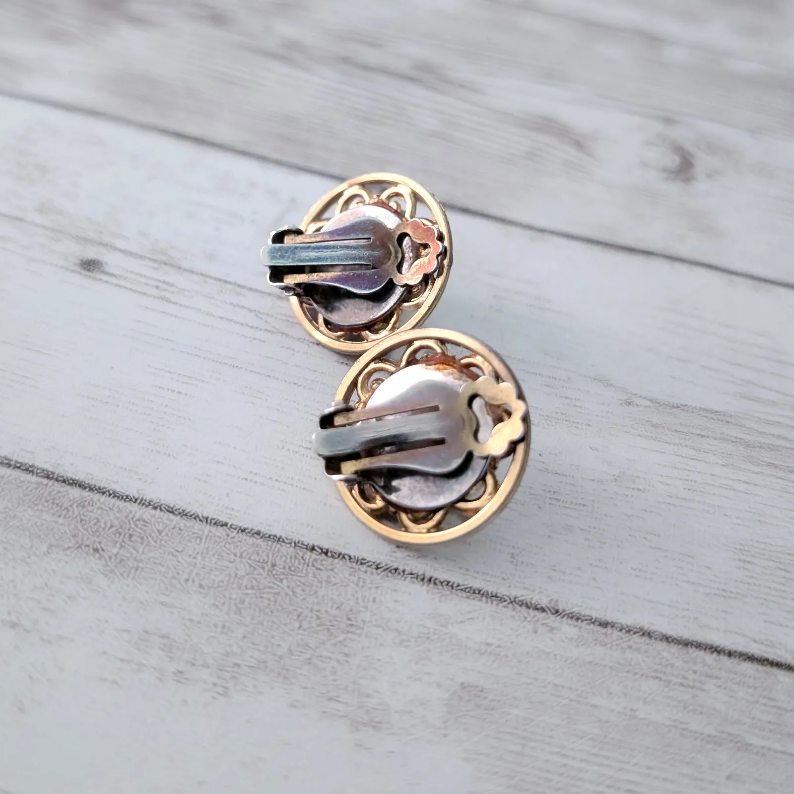 Vintage Clip On Earrings Domed Faux Pearl with Fancy Gold Tone Halo - Image 6