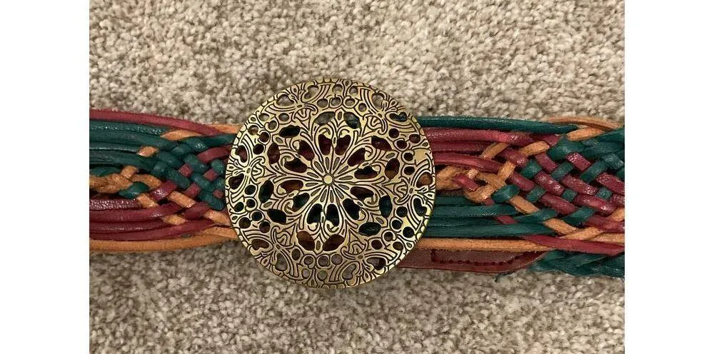 Hollister Y2K Boho 100% Leather Multicolored Braided Belt Brass Buckle, XS/S - Image 2