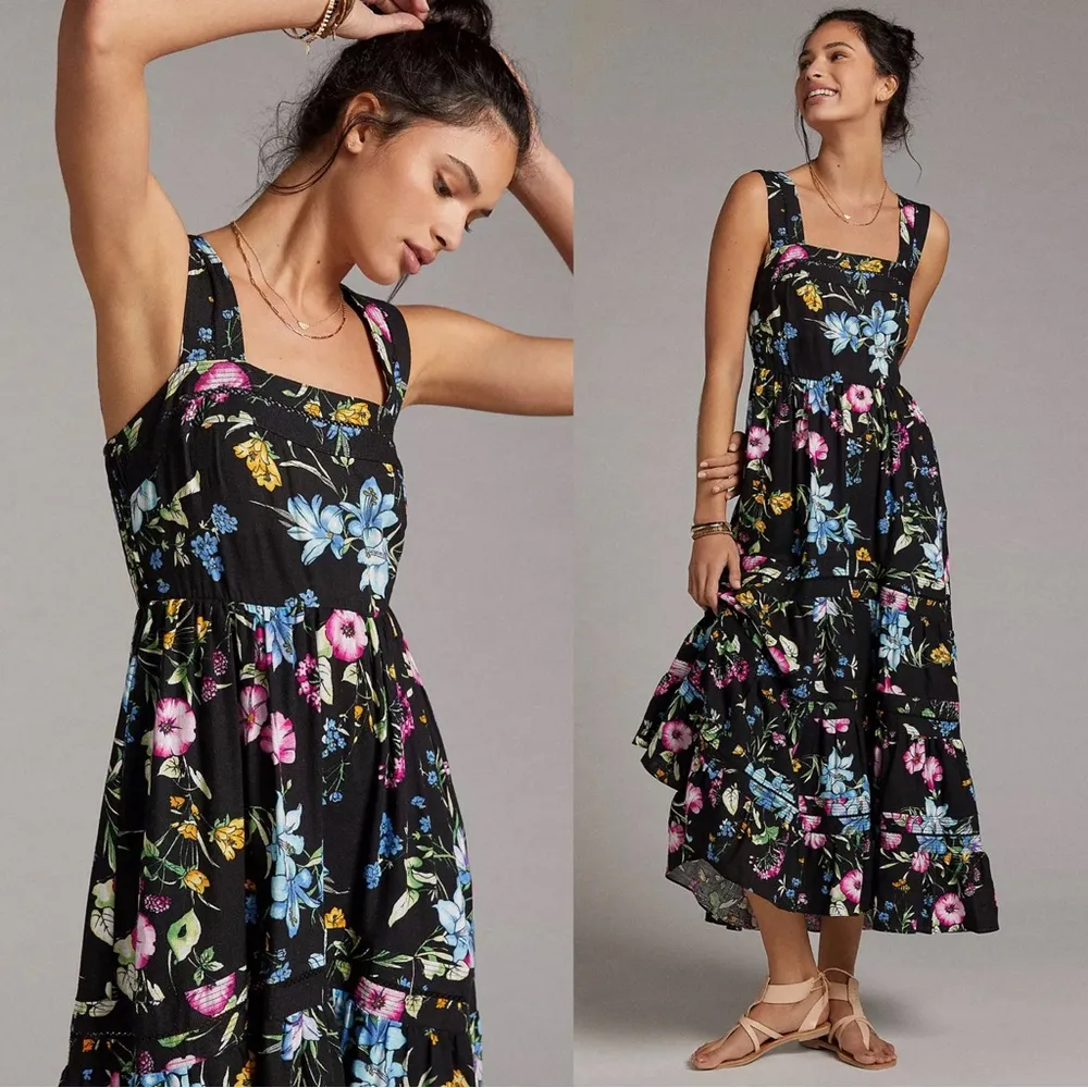 MISA • Anthropologie Aurelia Flouncy Floral Midi Dress maxi black floral linen - Image 4
