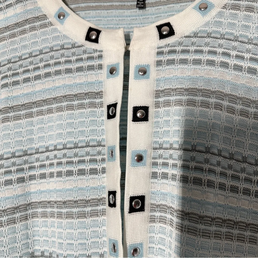 Ming Wang Women’s Knit Cardigan Sweater 7/8 Sleeve Preppy in Stripe Blue 1X - Image 4