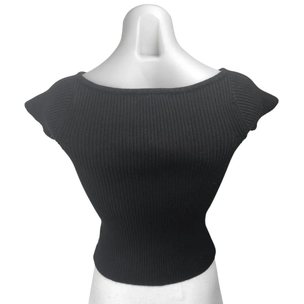 Peppermayo Black Rib Knit Short Flutter Sleeve Slim Fit Crop Sweater Top Sz S/M - Image 2