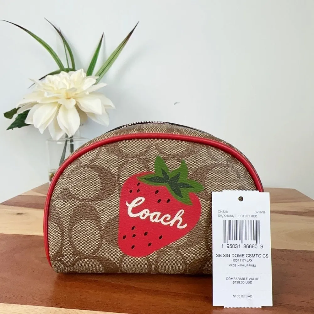 NWT Coach Dome Cosmetic Case In Signature Canvas‎ With Wild Strawberry - Image 2