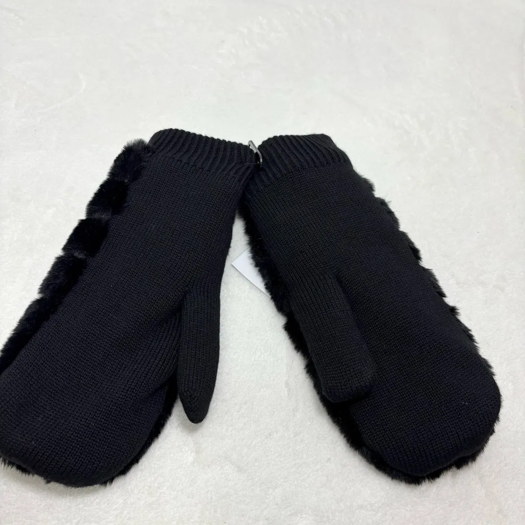 UGG Luxe BLACK FAUX FUR FUZZY WOOL BLEND MITTENS WITH SHERPA LINING size L/XL - Image 3