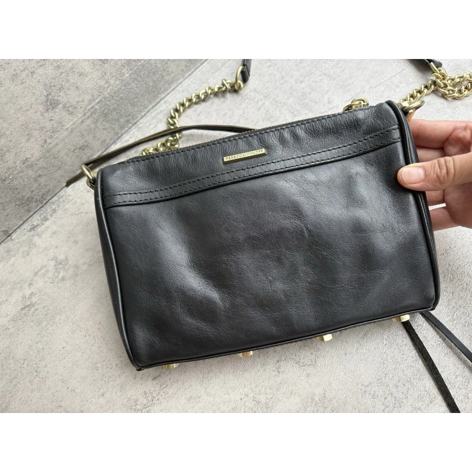 Rebecca Minkoff Black Leather Crossbody Handbag Purse Mini MAC Gold Tone Chain - Image 8