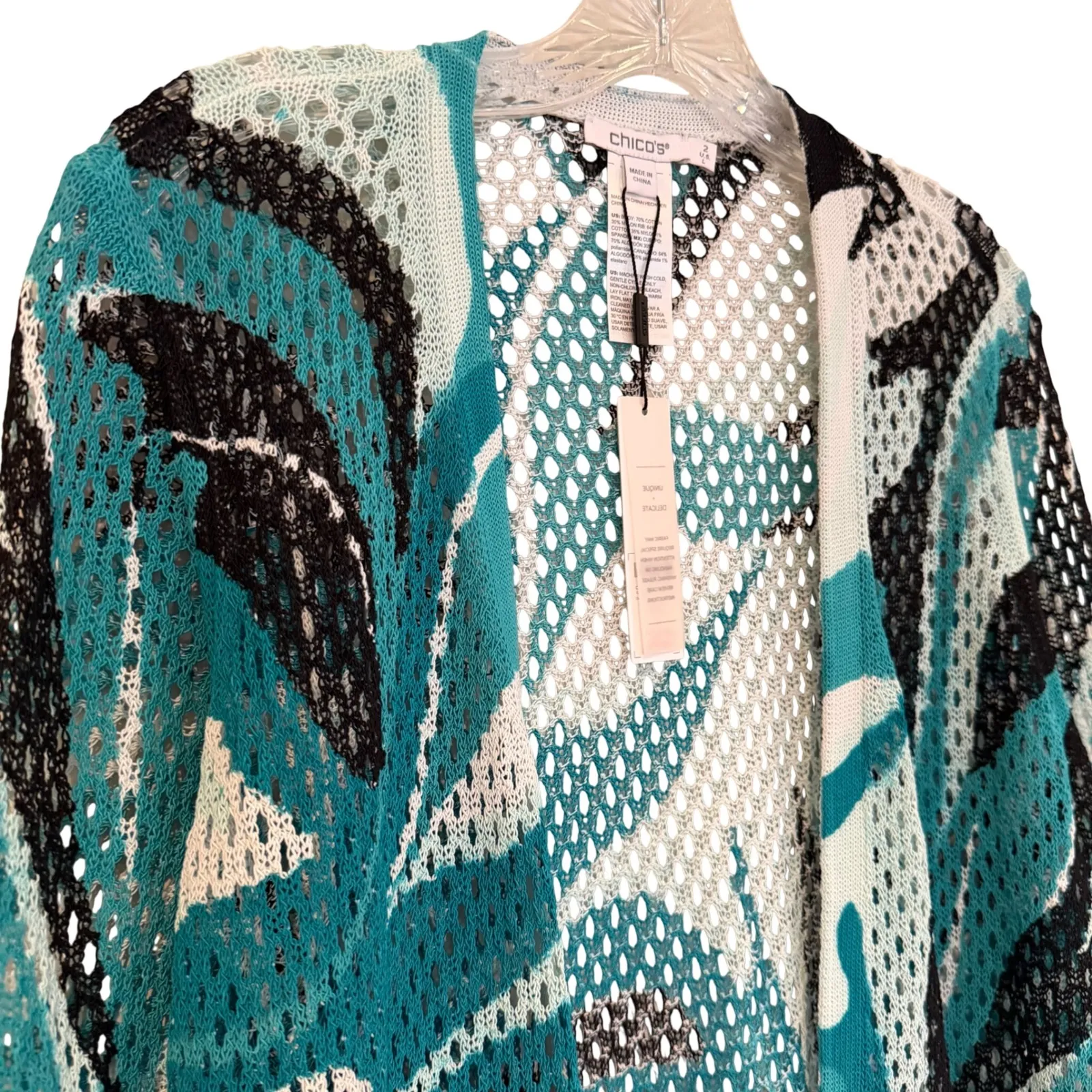 Chicos Palms Mesh Cardigan Sweater Women's Large Teal Tropical Resortwear Boho - Image 6