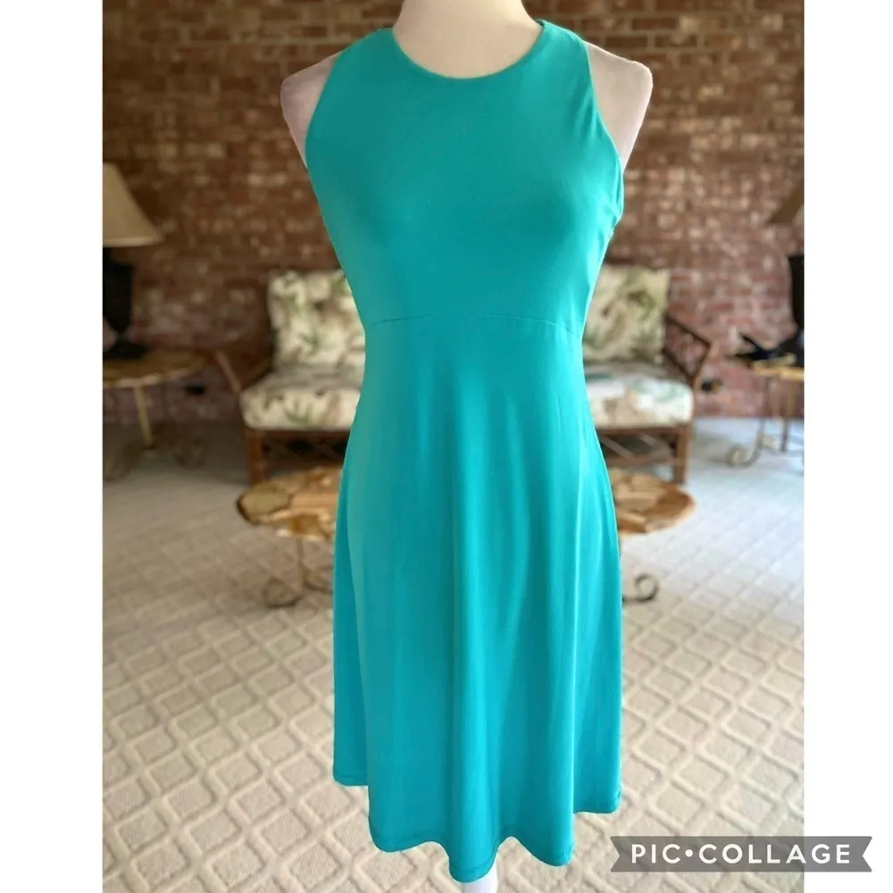 Isaac Mizrahi Dress Turquoise Halter Crisscross Open Back Knit NWT 6 - Image 3