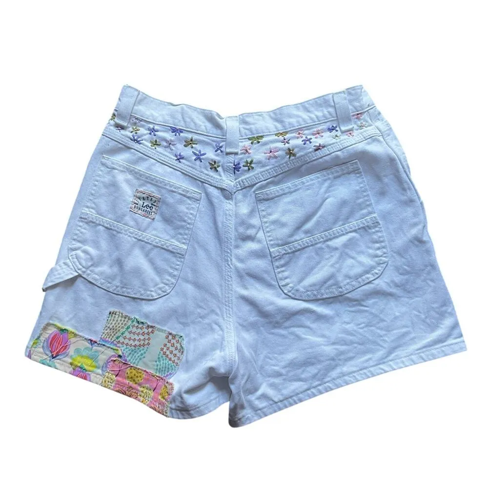 Vintage Lee Dungarees Floral Embroidered Patchwork Shorts Women’s White Waist 30 - Image 2