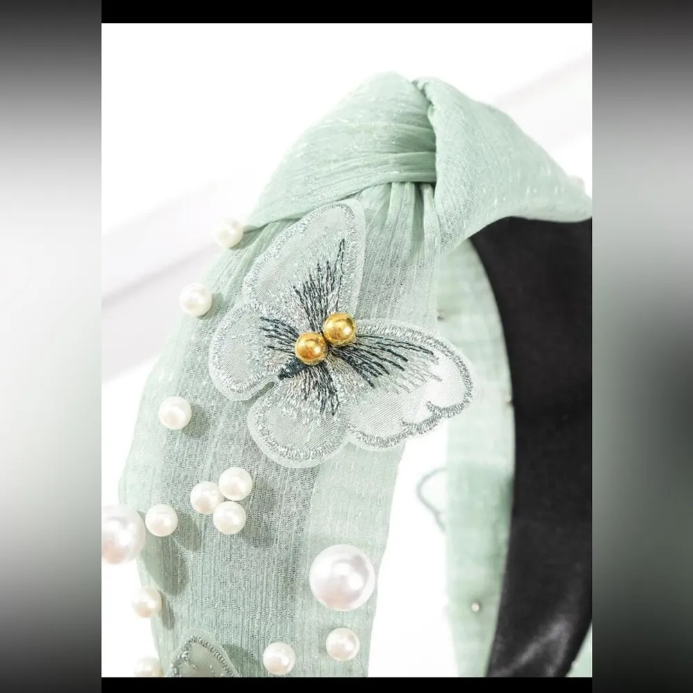 Mint Green Faux Pearl & Butterfly Headband - Image 6