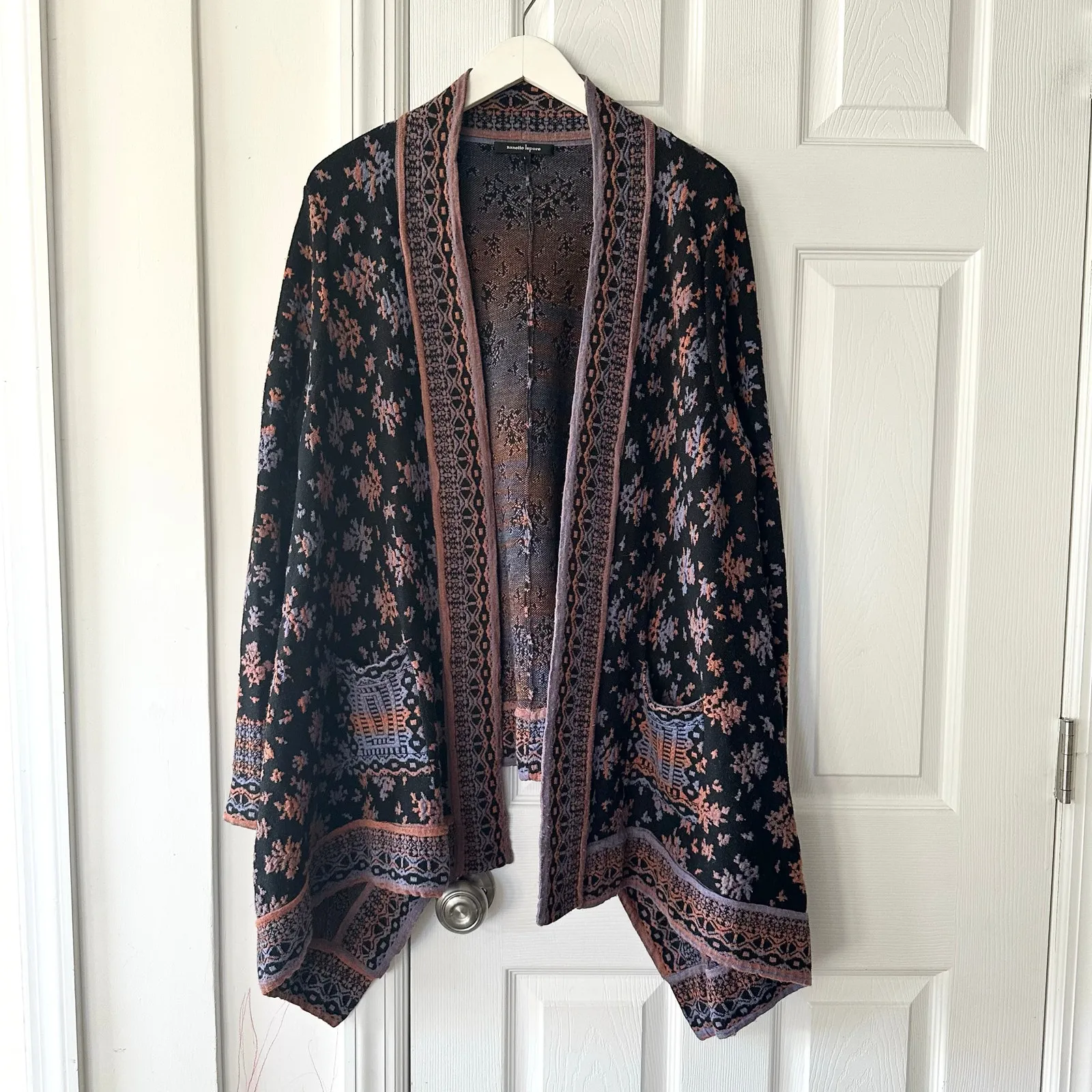 Nanette Lepore Bianca Jacquard Black Copper Purple Patterned Wool Cardigan Large - Image 2