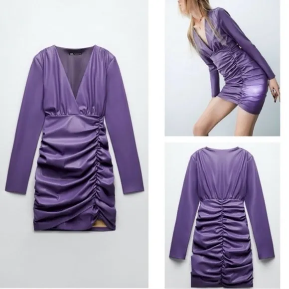 Zara Faux Leather Purple Mini Dress XS Vegan Instagram Favorite Pleather NWT - Image 2