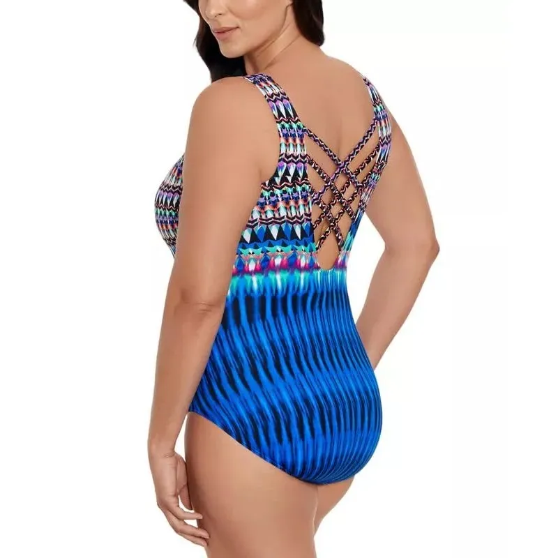 Swim Solutions Striped One Piece Swimsuit Strappy Back Size 10 Blue Slimming New - Image 2