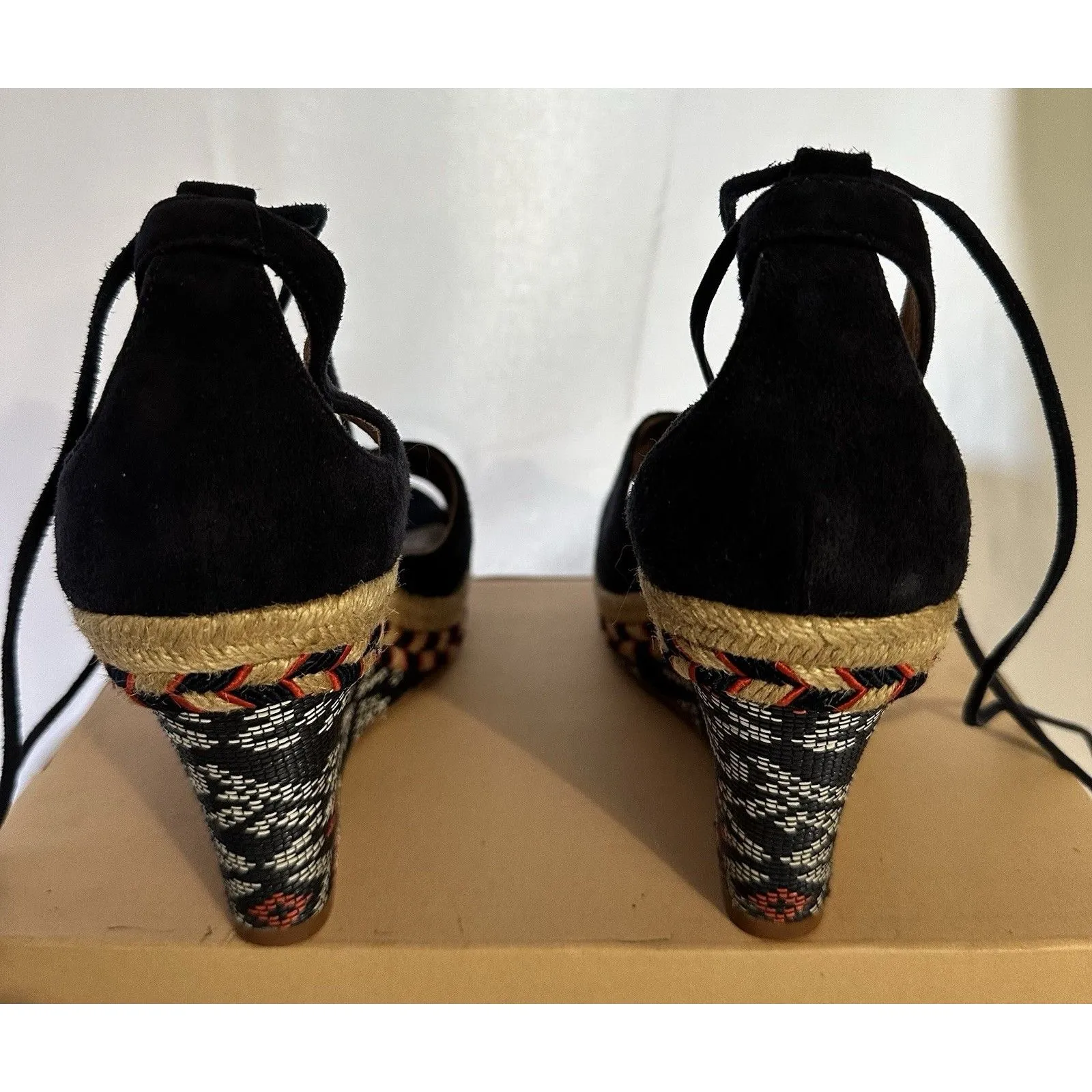 Cabi Navy Isla Blue Wedge Lace Up Espadrilles Aztec Heel Peep Toe 6001 Size 8.5 - Image 8