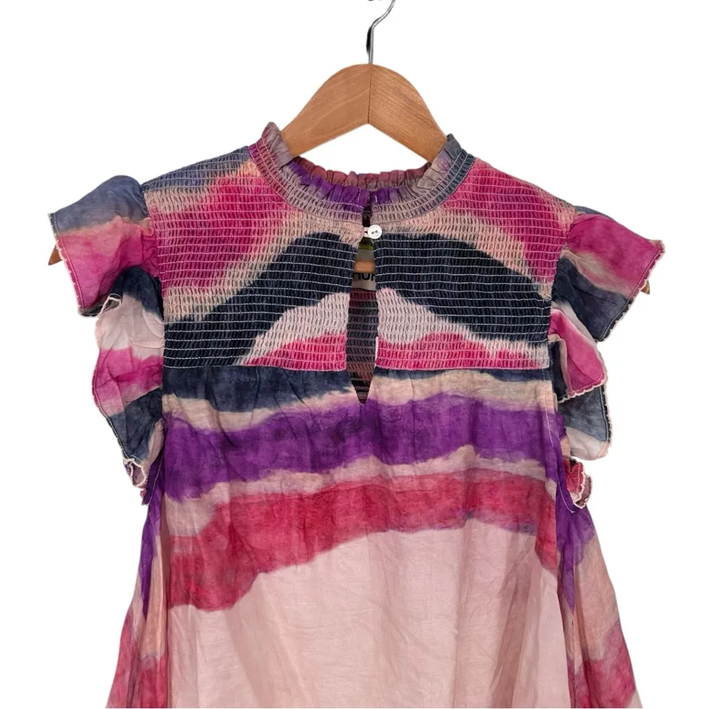 Chufy Northern Lights Kaia Ivory Watercolor Top sz Small Ruffle Tie Dye Stripes Pink - Image 4