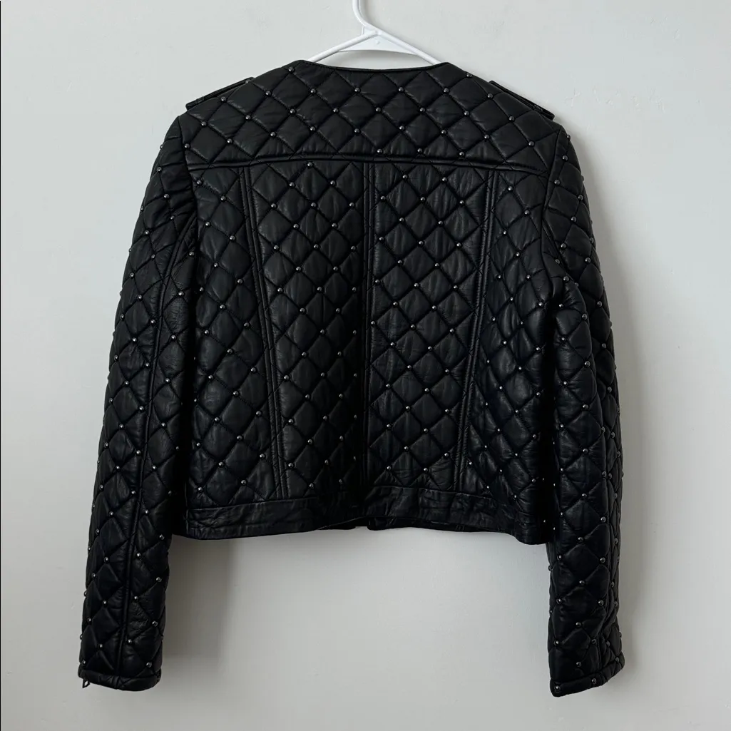 Alice + Olivia Siri Quilted Studded Black 100% Lamb Leather Jacket Size: M - Image 11